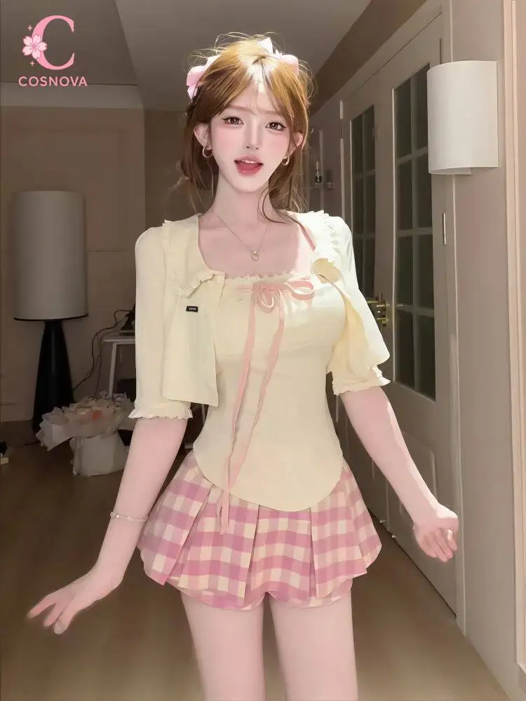 Sweet Cute 3 Piece Set Women Bow Ruffle Camisole Top Cropped Cardigan High Waist Pleated Plaid Mini Skirt Slim Fit Daily Outfit
