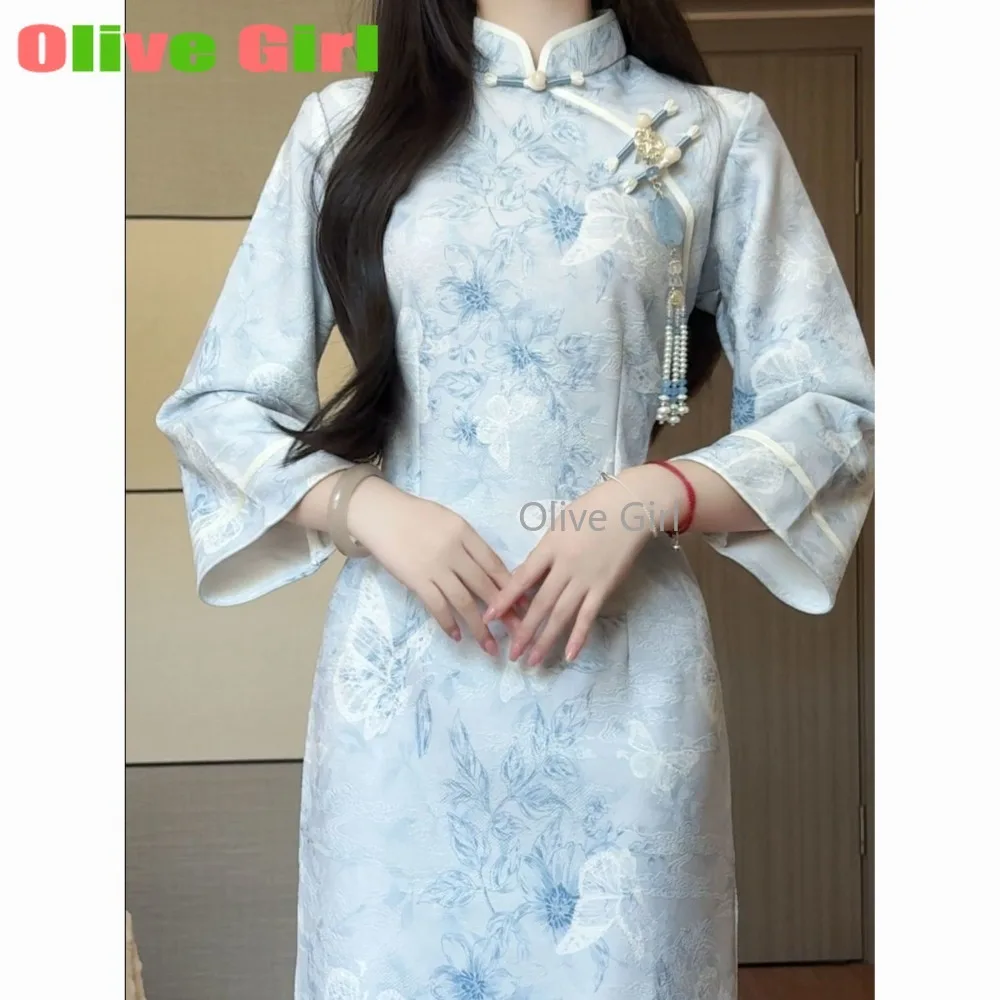 

Платье Cheongsam Qipao 2022, весна-осень, синее, улучшенное, в китайском стиле, с перевернутым большим рукавом, Cheongsam, женское, для молодых, на каждый день