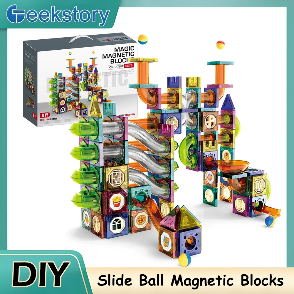 ชุดตัวต่อแม่เหล็กหลากสีสันเพื่อการศึกษา ชุดรางลูกบอลแม่เหล็ก MOC ตัวต่อรางแม่เหล็กแบบประกอบเอง ของเล่น DIY สำหรับเด็ก เป็นของขวัญ