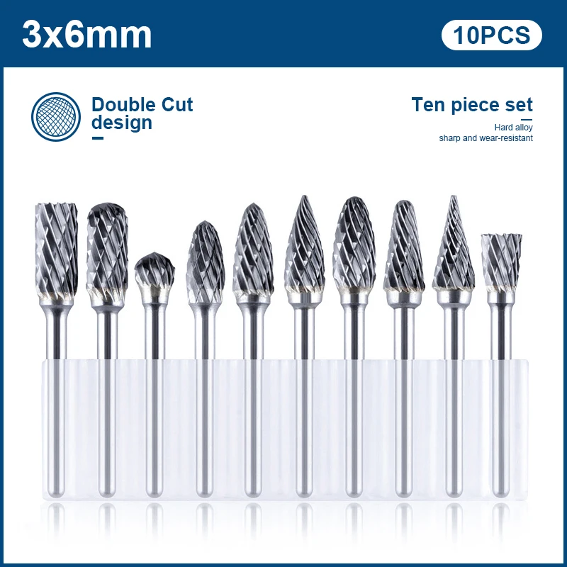 Tungsten Carbide Rotary Burr 10pcs Carving Burr Bits Double Diamond Cut Dremel Tools for Wood Stone Carving Steel Metal Working