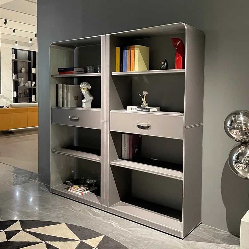 Customized Italian Light Luxury Bookcase Designer Wall Grid Cabinet Modern Small Unit Saddle Leather Bookcase Italian Furniture