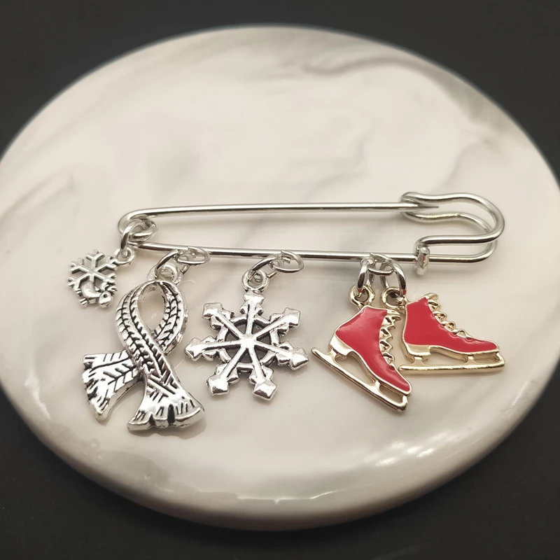 Red and white skateboard shoes, enamel brooch, snowflake scarf clip, proud ice skate brooch, boy and girl jewelry gift