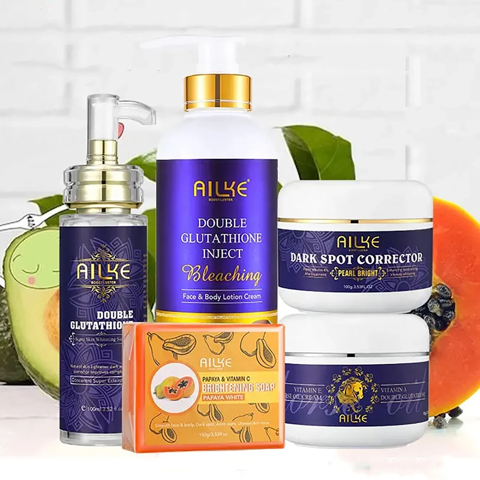 

AILKE Skin Care Set With Double Glutathione, Brightening, Antioxidant, Reduce Blemish, Clean Skin For Caramel, Dark, Black Skin