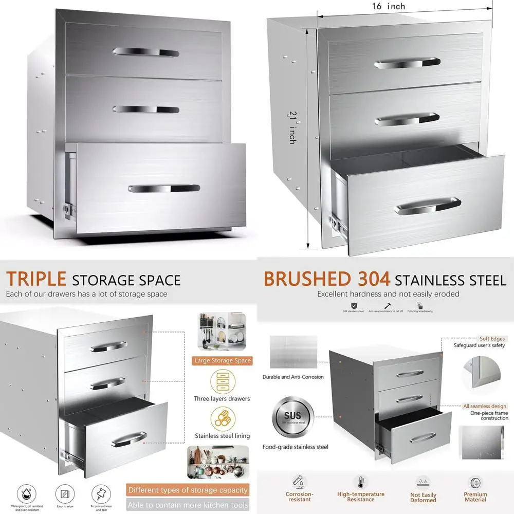 Isla para barbacoa al aire libre con Triple cajón de acero inoxidable con asa para estación de parrilla de Patio, acceso a tres cajones, Ideal para Patio trasero Co