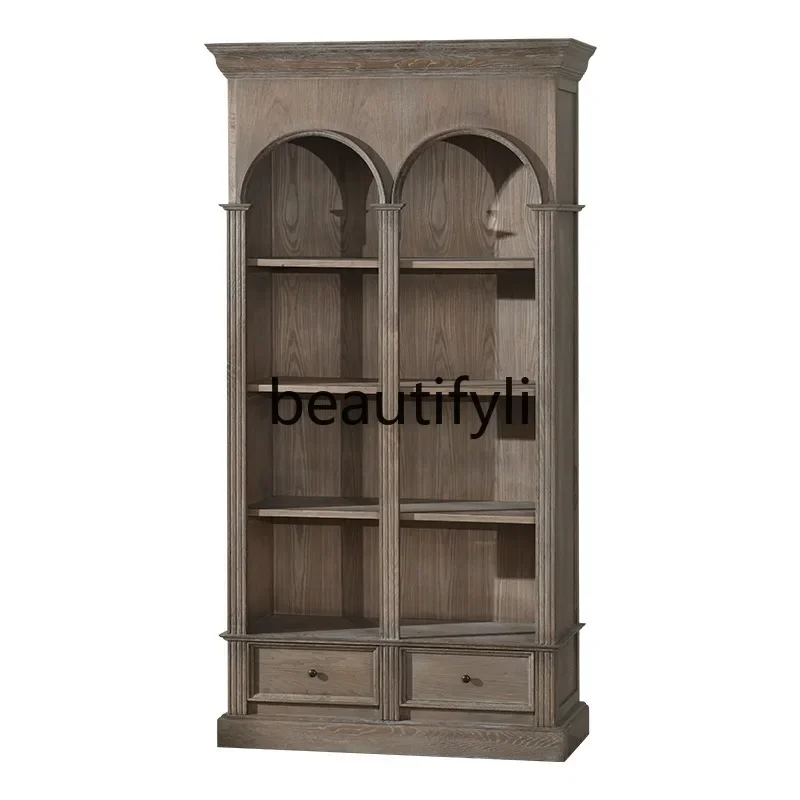 

American Country Vintage Distressed Style White Oak Bookcase Decorative Display Storage Wine Cabinet