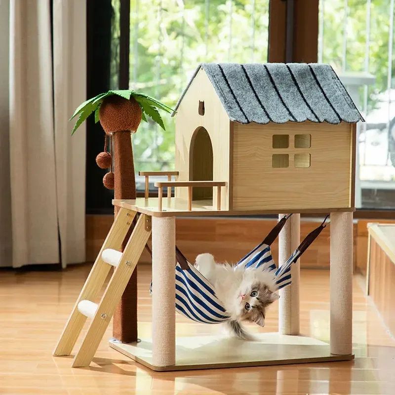 

Cat Tree Wood Climbing Shelf Frame Grabbing Column Sisal Cat Villa Nest Scratcher Post Condo Scratching Jumping Platform Cat Toy