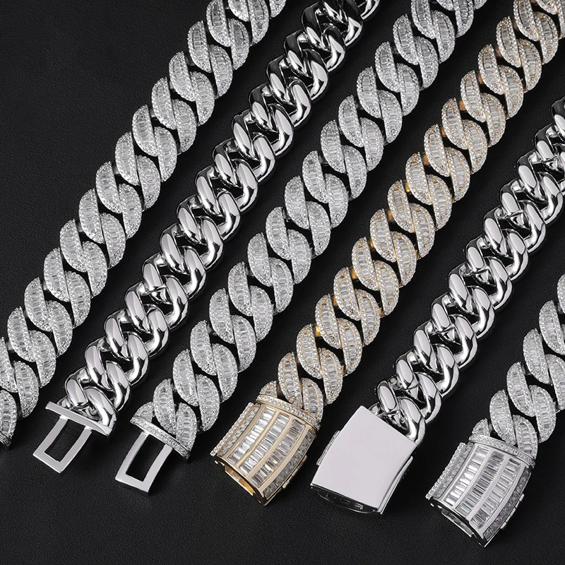 2024 New Fashion Hip hop Iced Out 19mm Width Zircon Silver Cuban Chain Necklace For Men