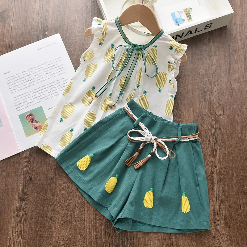 Children Clothes Suits Summer Girls Green Clothing Kids Pineapple Children Clothing Girl Clothes +Short Pant 2pcs Set