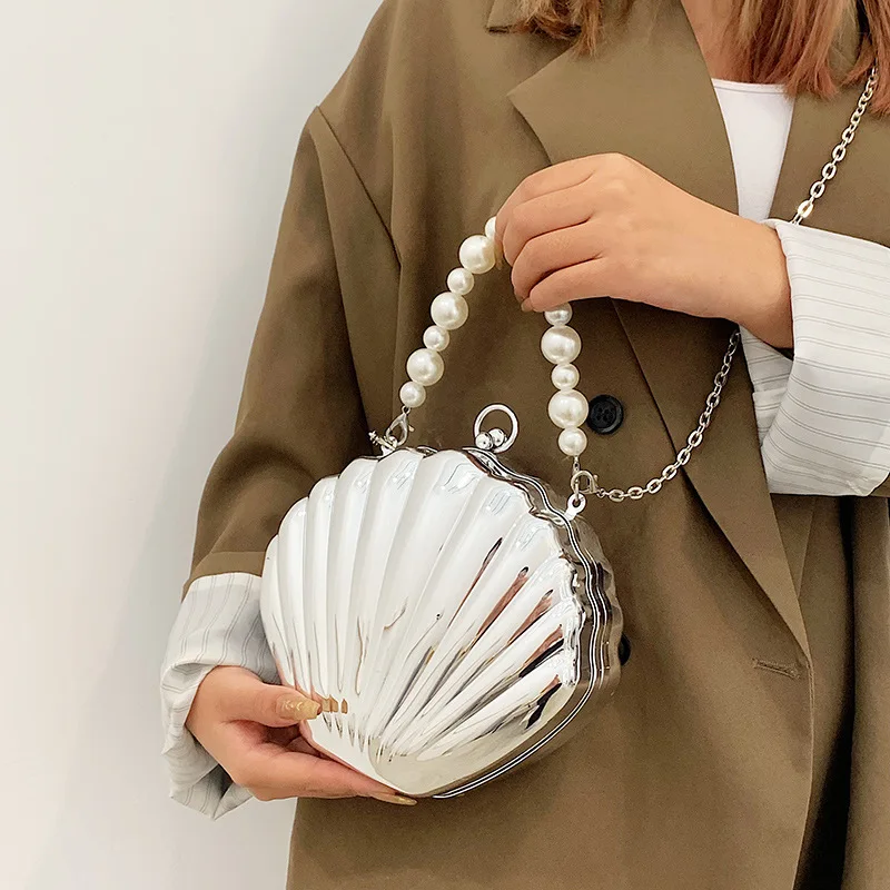 Trendy New Ladies Handbags Fine Acrylic Seashell Shoulder Bags With Pearl Chain Wedding Party Evening Bags Clutches Women Purses