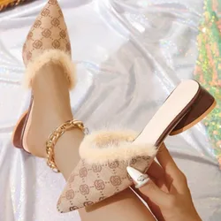 Women Slippers Pointed Toe Elegant High Heels Shoes Women Autumn New Furry Sandals Office Work Indoor Slippers Slides Women