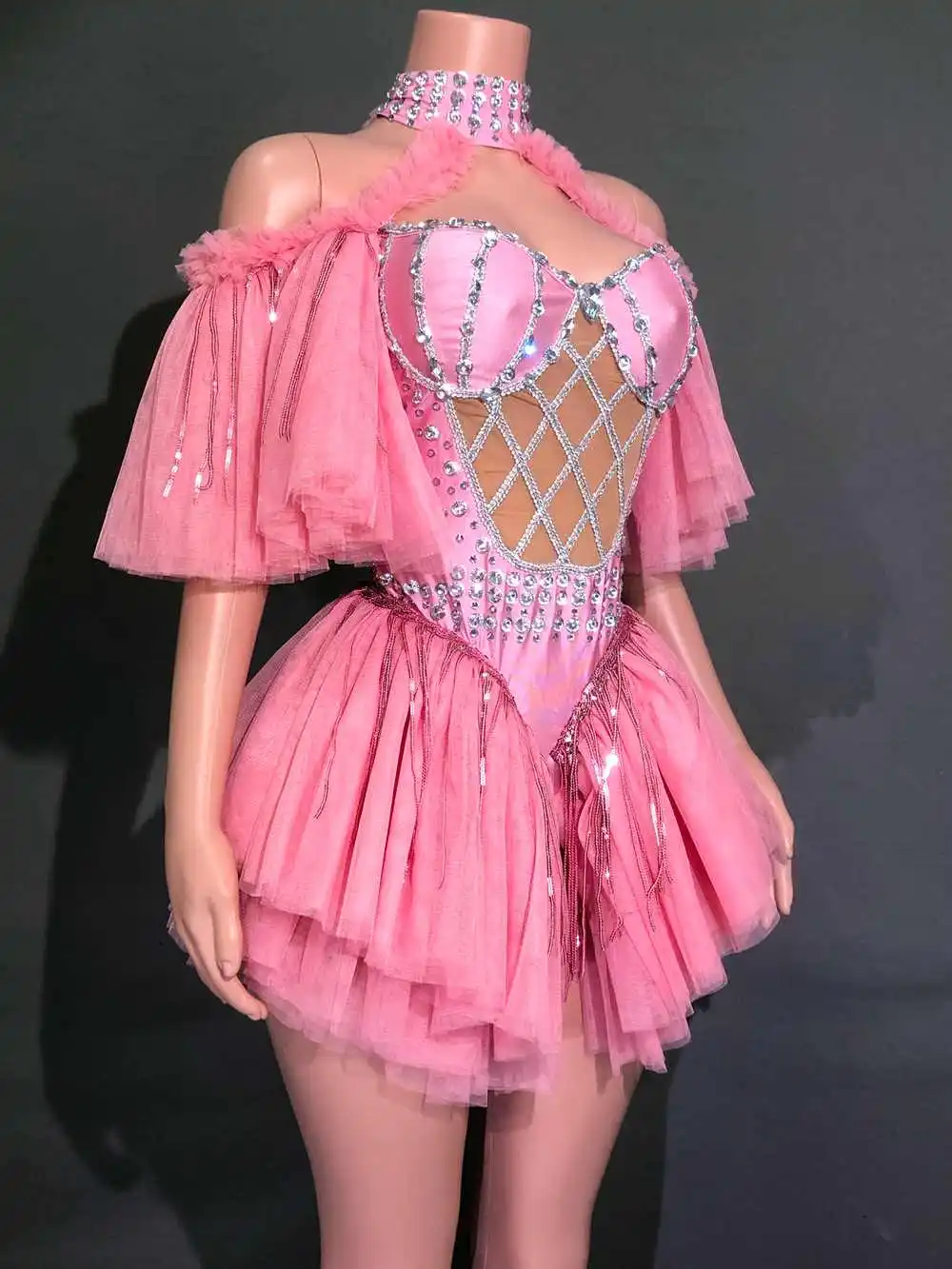 Sexy Off-The-Shoulder Sheer Pink Bodysuit Rhinestones Evening Party Dress Performance Dance Costume Nightclub Dancer Stage Wear