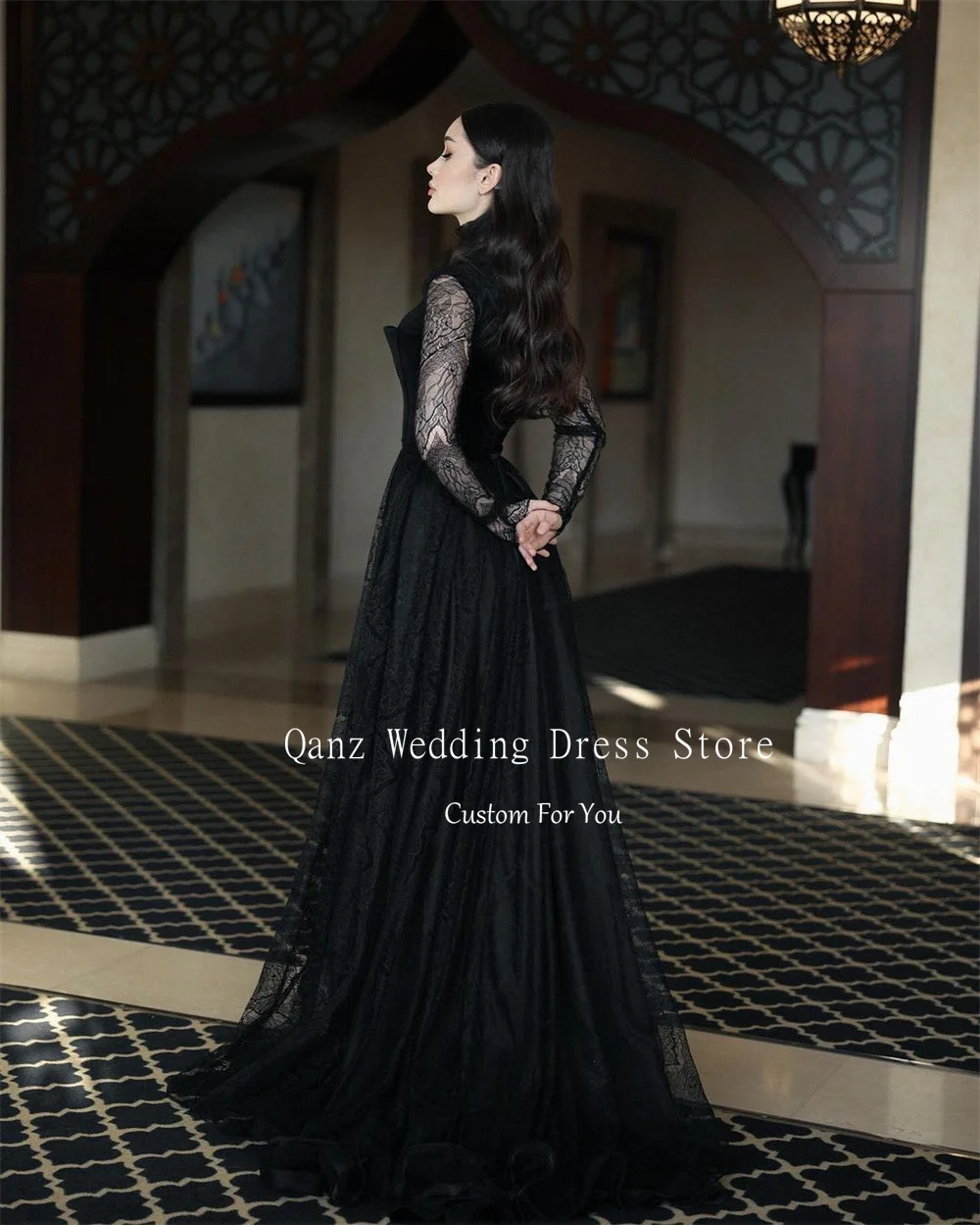 Qanz preto vestidos de noite arábia saudita mangas compridas rendas alta pescoço abendkleider tule personalizado uma linha vestido ocasião formal