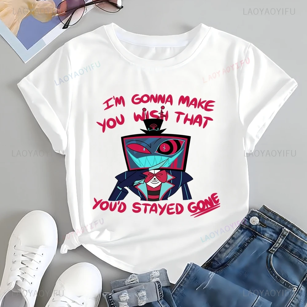 الكلاسيكية الرسوم المتحركة Hazbin فندق نمط طباعة أزياء تي شيرت، للجنسين عارضة الشارع الشهير، الربيع / الصيف أعلى القطن تي شيرت