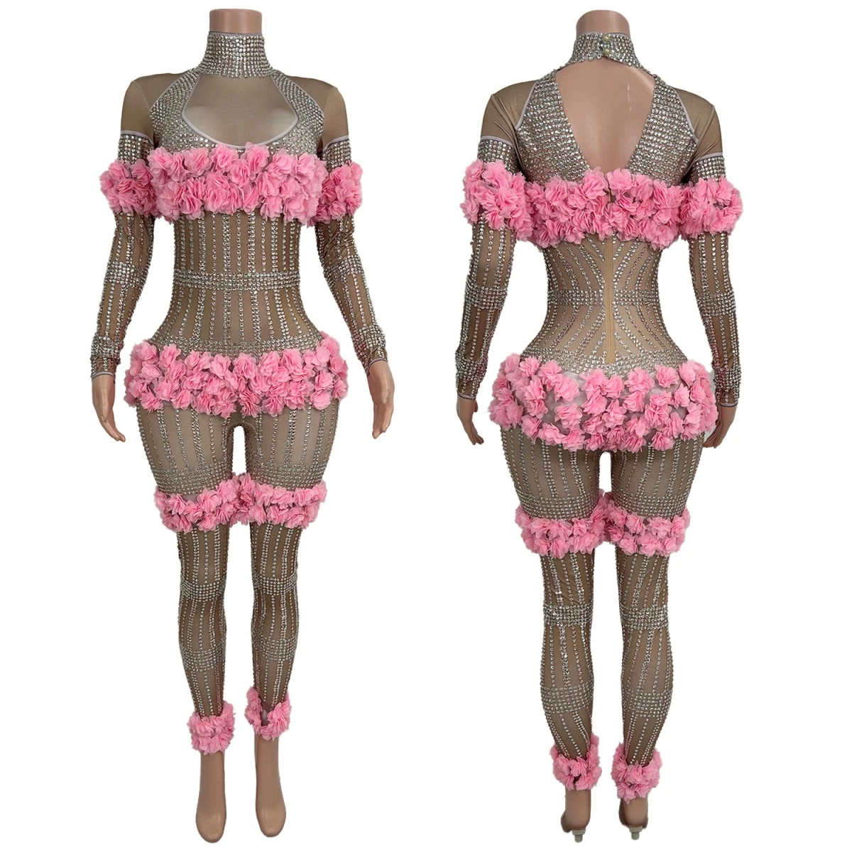 Sexy Elastic Long Sleeve Sparkly Rhinestone 3D Flower Bodysuit Tight Pants Streamer Party Dance Performance Costume Xiaofenhua