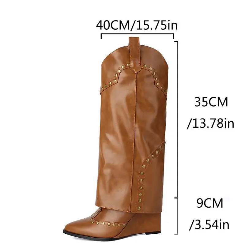 Botas deslizantes de dedo apontado para mulheres, cunhas, rebites de 9cm, botas longas femininas, sapatos da moda, tamanho grande 42 43