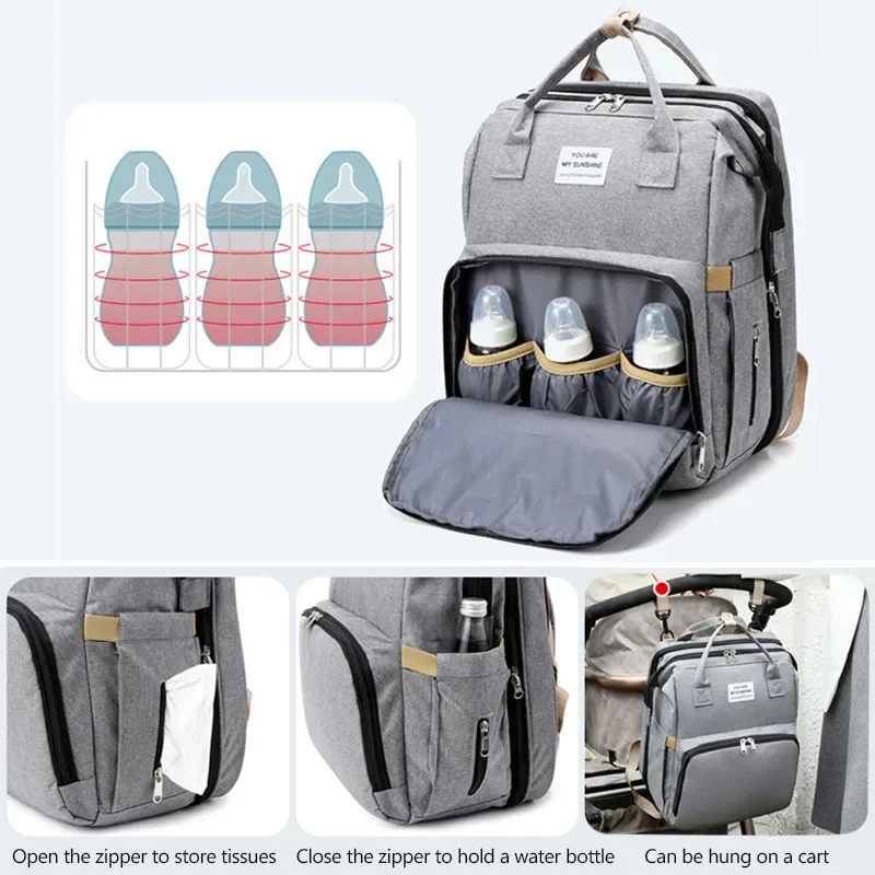 Portable 2-in-1 Diaper Bags Baby Folding Bed Mother Backpacks with Changing Mat Convenient Baby Nursing Bags Large Capacity