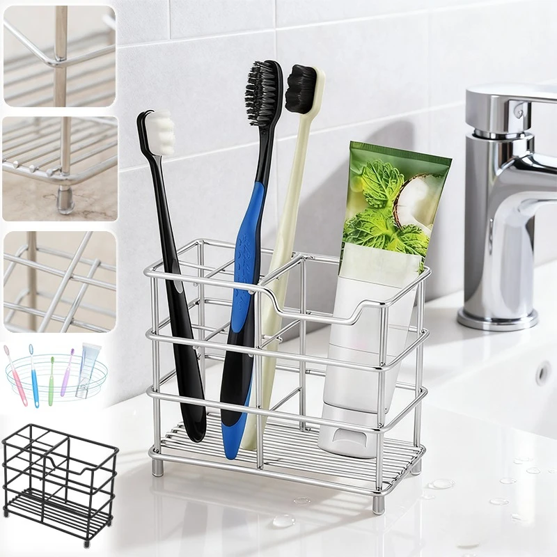 

1PC New Bathroom No-drill Toothbrush Storage Rack Stainless Steel Durable Easy To Use Desktop Organizer Bathroom Supplies Hogar