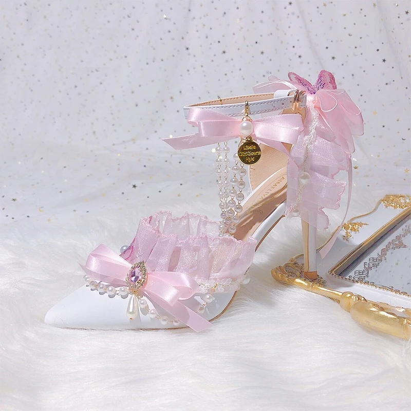 Lolita Sweet Pink Lace Bowknot Rhinestone High Heels Women Shoes Pointed Pearl Tassel Bridal Wedding Shoes Flower Wedding Shoes