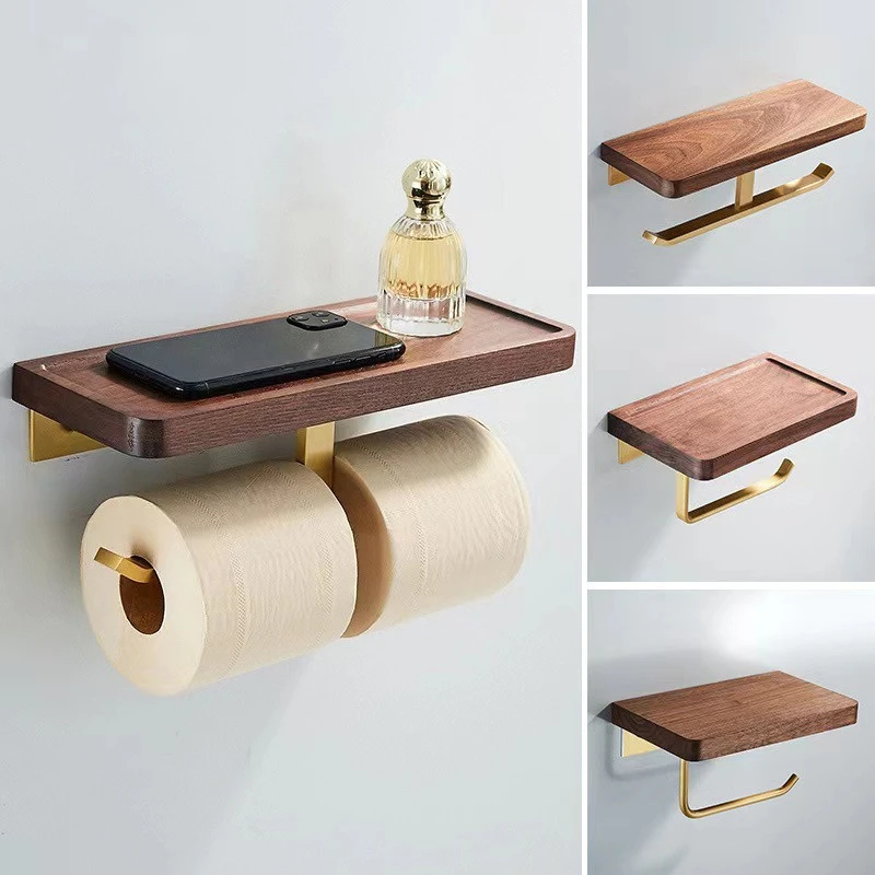 Bathroom No-Drill Wooden Paper Towel Holder Toilet Roll Holder Toilet Paper Storage Rack