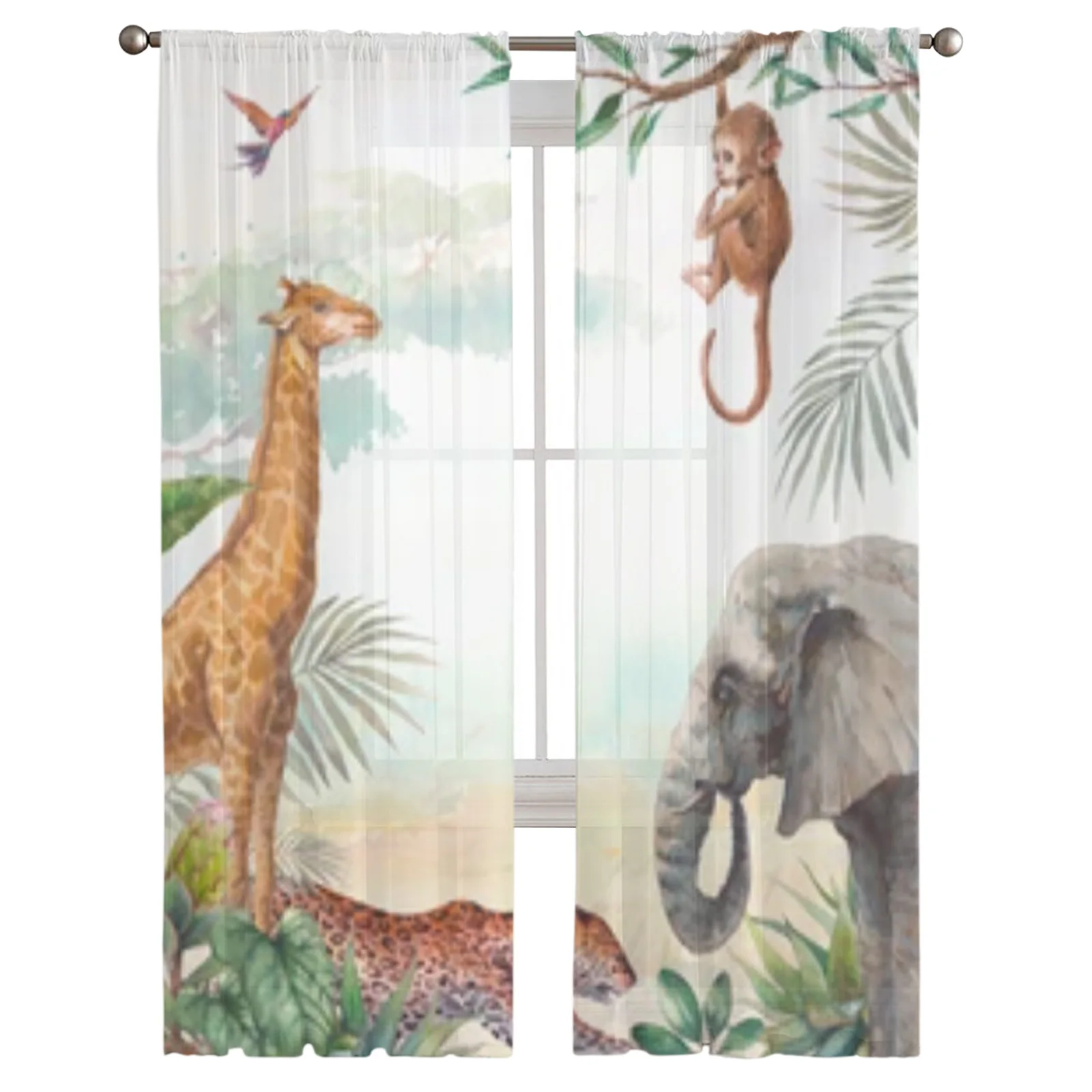 Tropical Safari Animal Elephant Sheer Window Curtains For Living Room Bedroom Voile Tulle Curtains Fabric Drapes For Kitchen