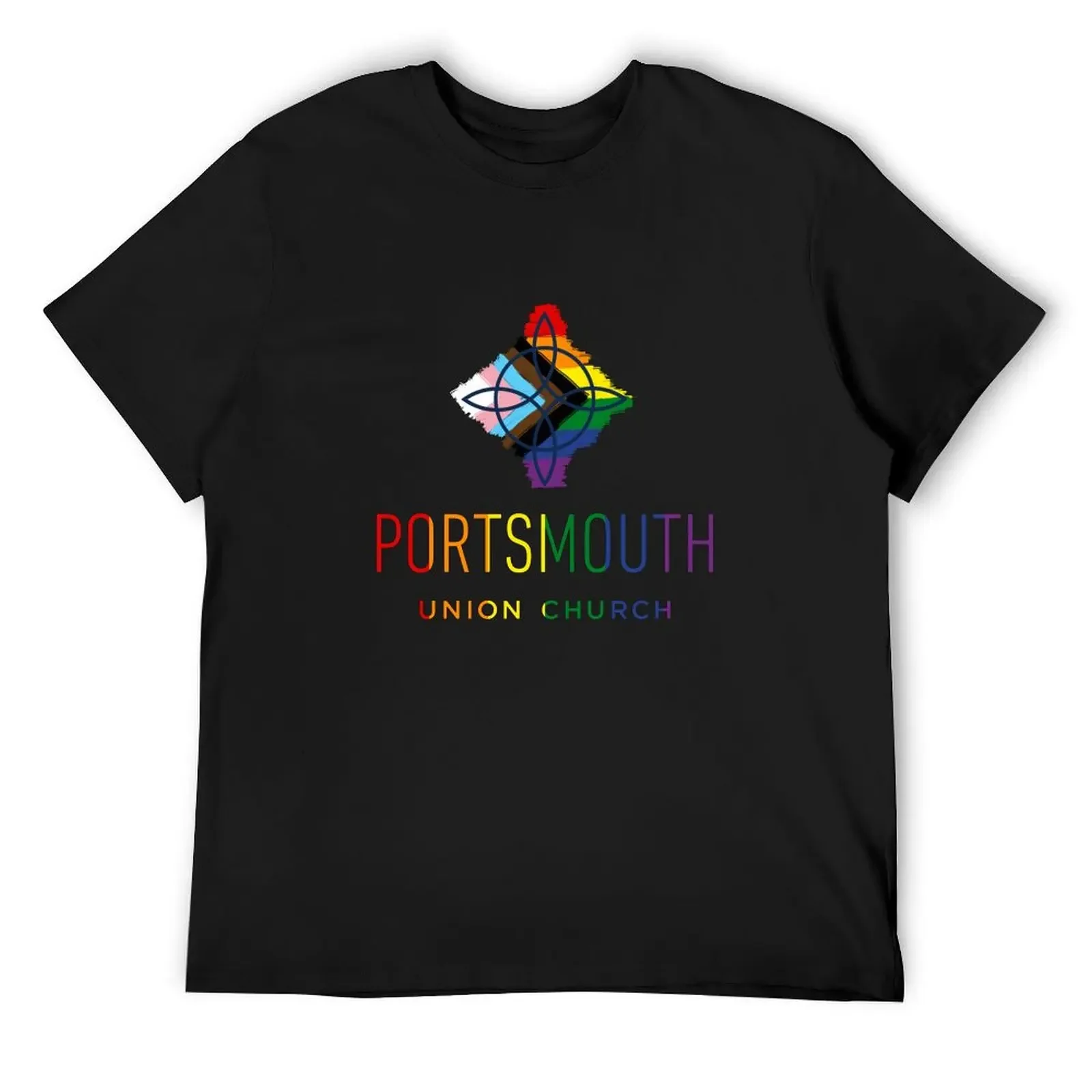 

Portsmouth Union Church - Name and Logo with Progress Pride background T-Shirt graphic tee shirt T-shirts for men cotton