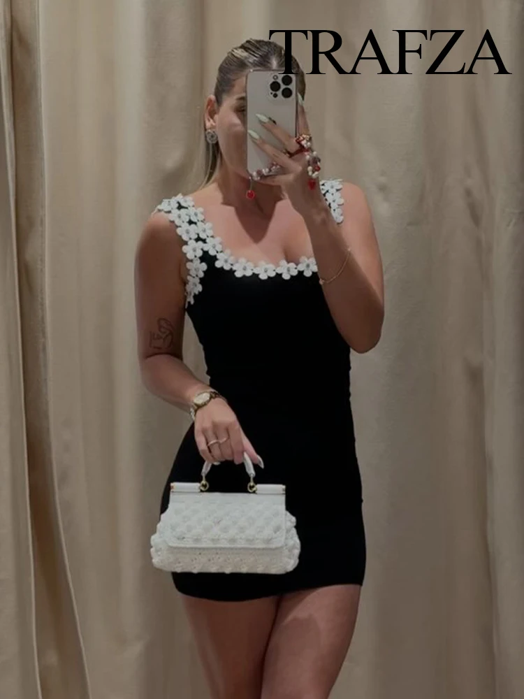 

TRAFZA Women Summer Sexy Slim Dress Solid Square Collar Sleeveless Backless Flower Decoration Women's Fashion Dresses 2 Color