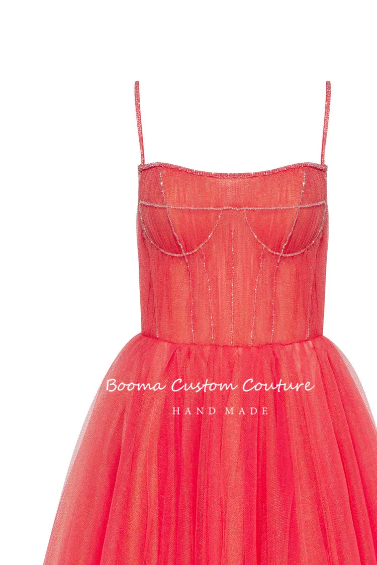 Booma Coral Tulle Midi Prom Dresses Spaghettibandjes Kralen Corset A-lijn Wedding Party Jurken Thee-Lengte Formele Partij Jassen