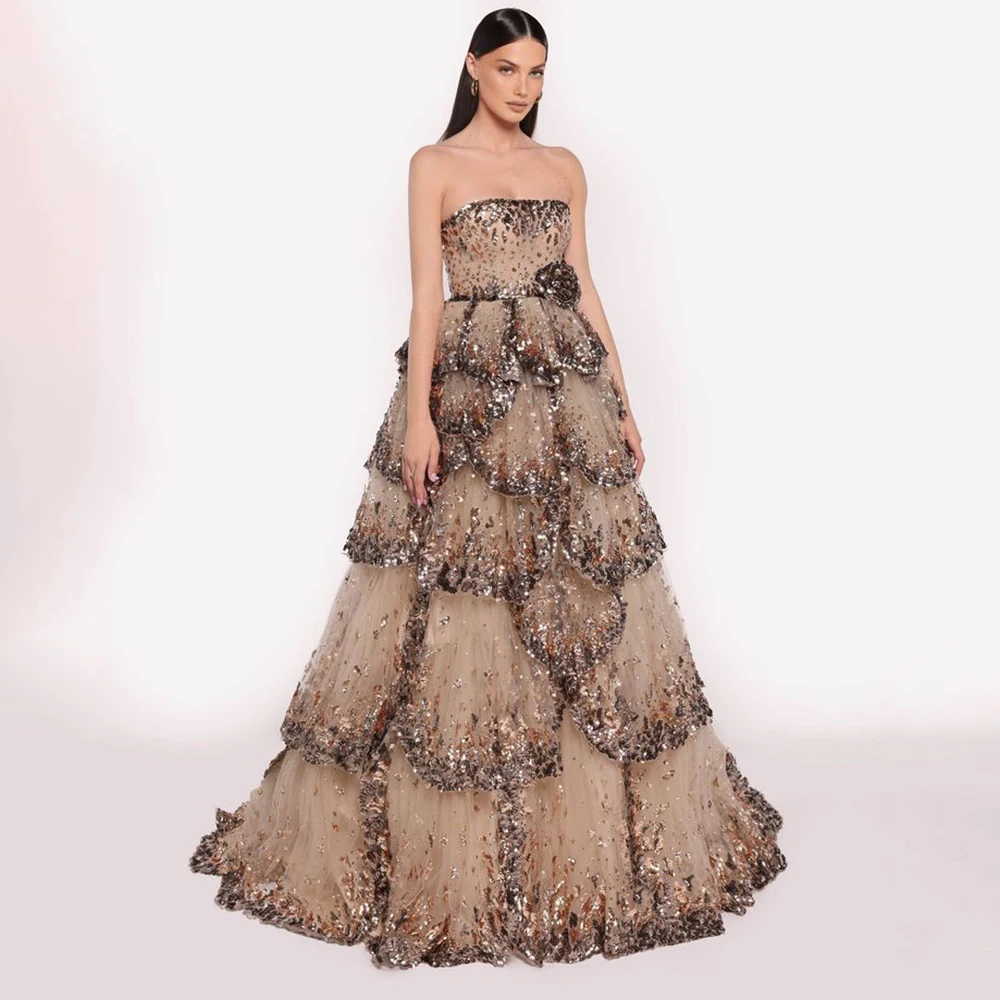 

Sexy Black Nude Women Evening Dresses Sequin Layered Ruffle Spaghetti Strap Maxi Sleeveless Gown for Host Stage Performance