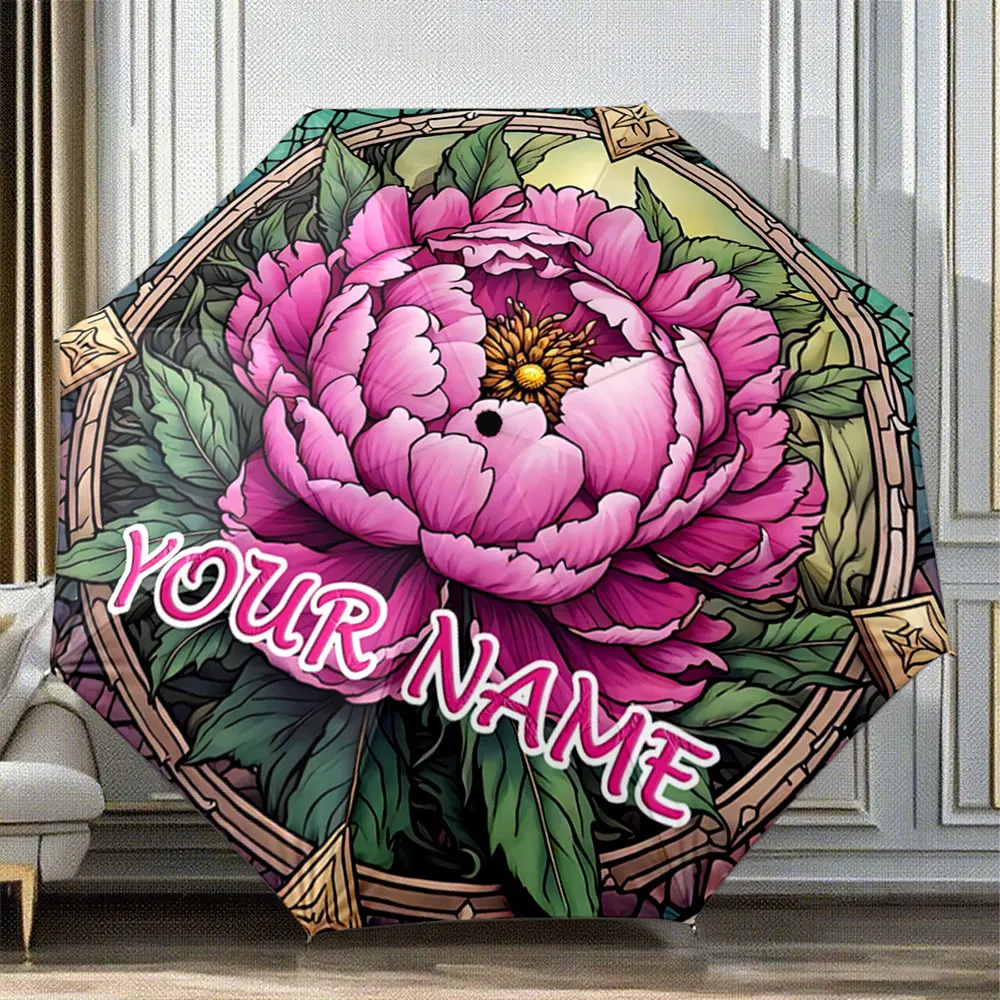 Custom Name Umbrella Elegant Pink Peony Floral Design Umbrella with Custom Text Portable Folding Umbrella,Christmas Gift