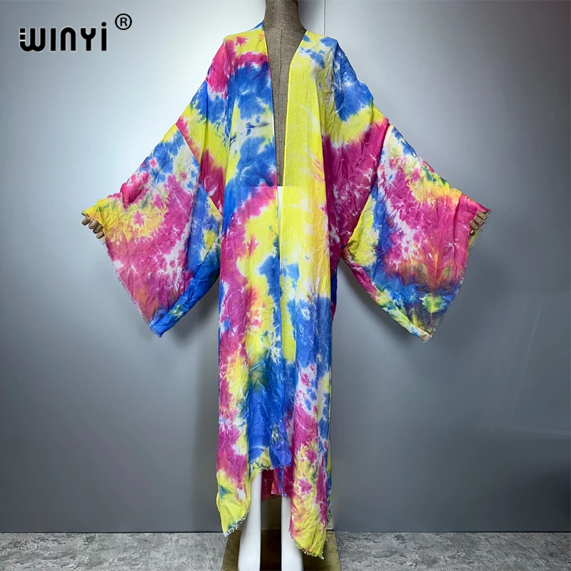 

WINYI summer Bohemian Tie-dye fashion Casual dress Africa Cardigan Outerwear For Women Summer elegant cotton feeling Kimono