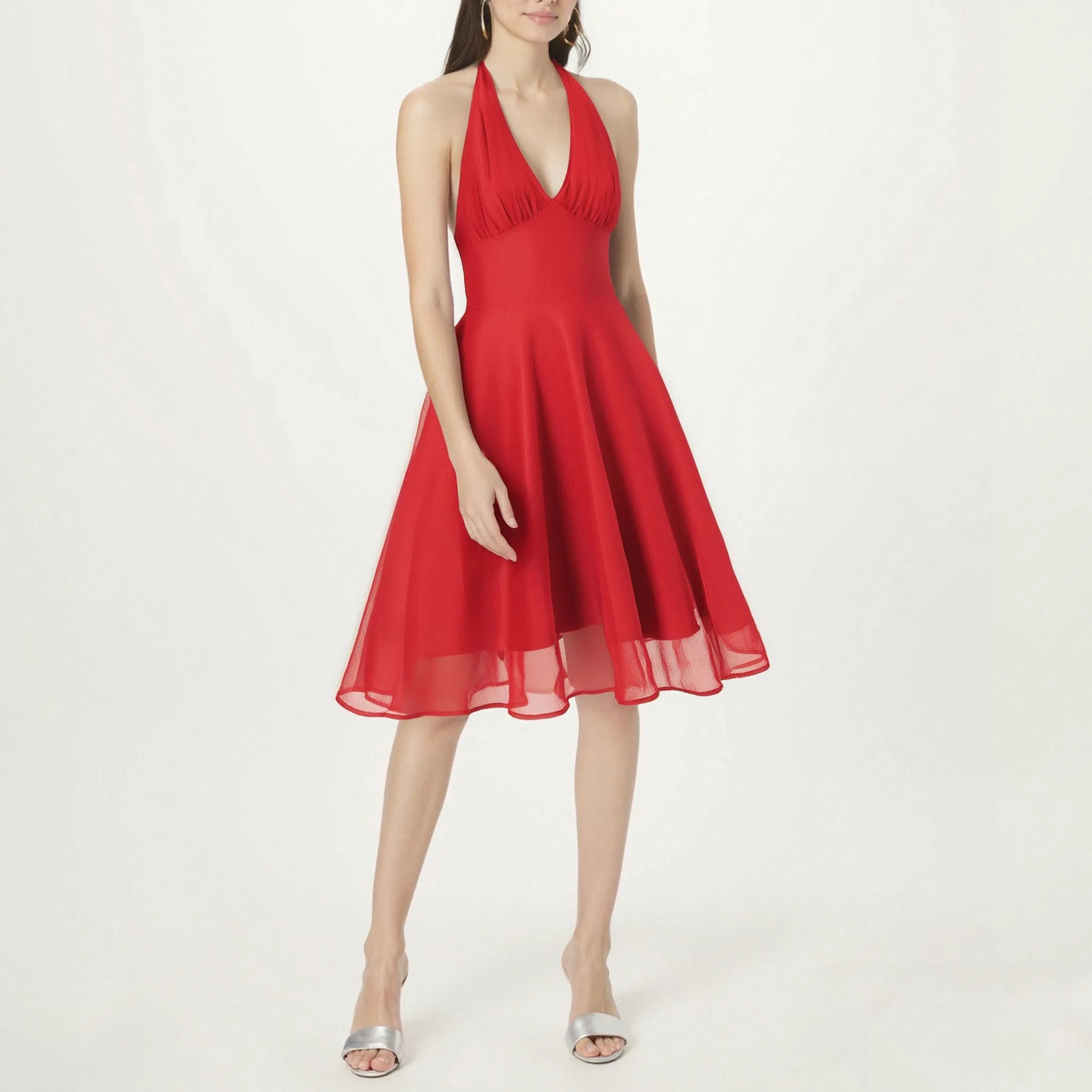 2025 Elegant Sexy Vintage Red Halter Women Dress High Waist Evening Party Prom Clothes Backless Fit and Flare Birthday Dresses