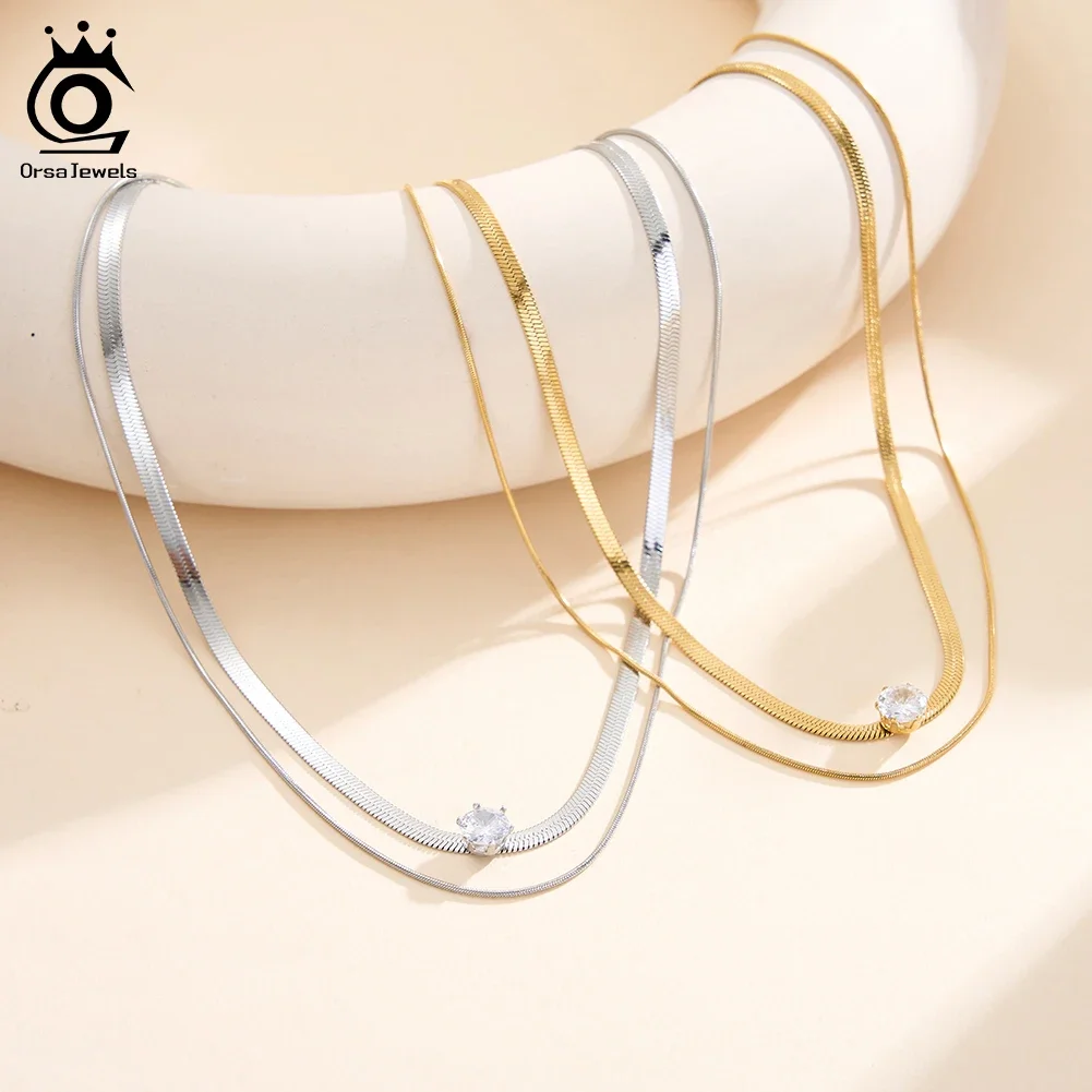 

ORSA JEWELS Stainless Steel Layered Flat Snake Chain Necklace Shiny Zircon Trendy Chain Choker Collar Waterproof Jewelry STKN06
