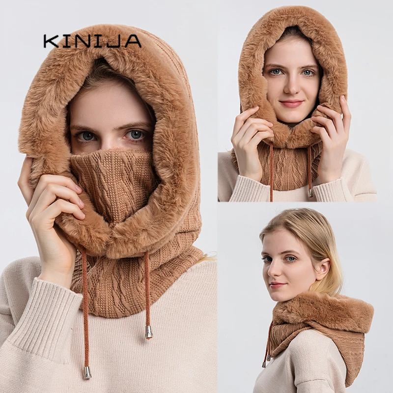 Chapéu de pele de inverno conjunto de máscara com capuz para mulheres malha cashmere pescoço quente balaclava esqui à prova de vento chapéu grosso pelúcia fofo gorros capuz
