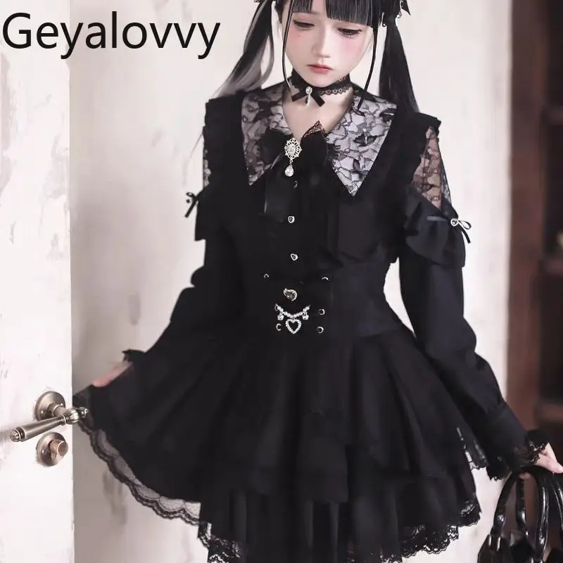 

Japanese Subculture Sweet Girl Off-shoulder Tops Lace Patchwork Long Sleeve Shirt + High Waist Slimming Short Skirt Set