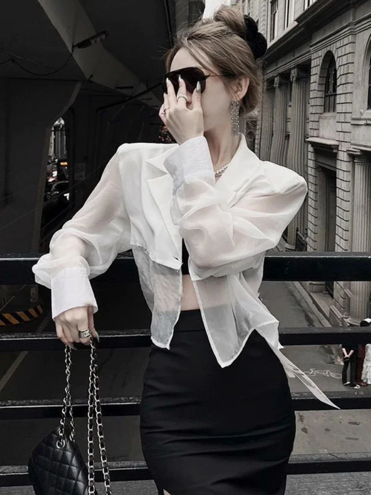 Sheer Cropped Blazers Women Sun-proof Loose Back-slit Coast Fashion Ulzzang Casual Sexy Girls Streetwear All-match Personality