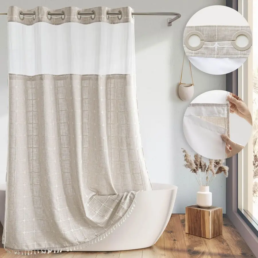

Farmhouse Linen Textured Shower Curtain with Snapin Liner Set, No Hooks Needed, with Tassels for Rustic Bathroom Decor,with Wind