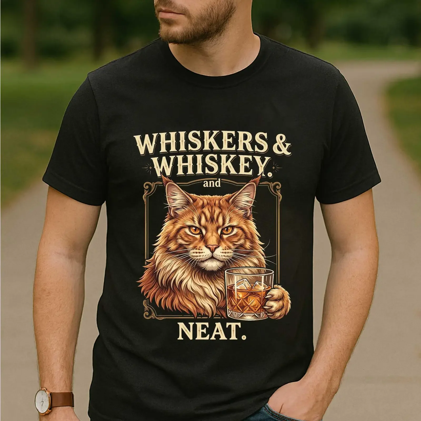 Whiskers Whiskey Neat Funny Maine Coon Cat Holding Glass Vintage T Shirt for Lovers Fans Casual vintage Washed