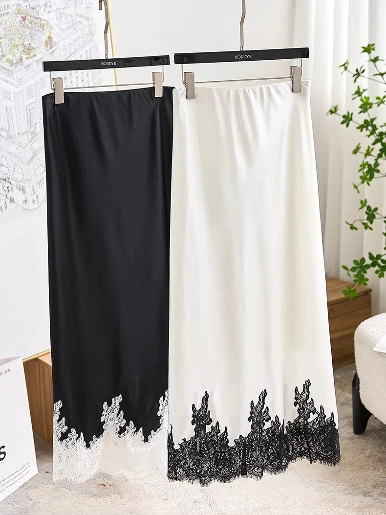 

Классическая черно-белая глянцевая атласная юбка А-силуэта с кружевной вышивкой, с завышенной талией, из тонкого материала, средней длины