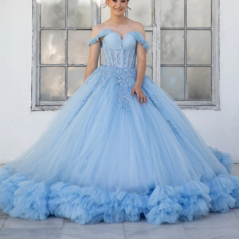 

Sky Blue Shiny Quinceanera Dresses Off The Shoulder Lace Beading Crystal Tiered Tull Party Birthday Sweet 16 Dress Vestidos 15