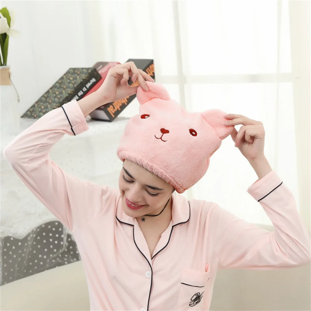 Korean Cute Bear Embroidered Dry Hair Cap - Thick Microfiber Quick-Drying Absorbent Head Towel, Women's Shower Towel Cap