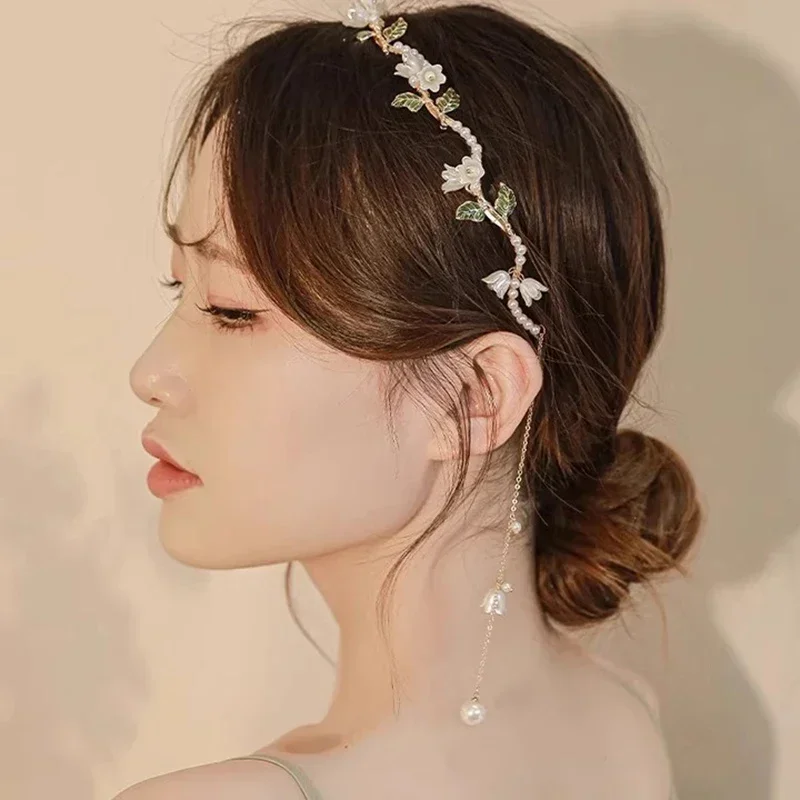

Super Fairy White Lily Of The Valley Flower Pearl Tassel Headband Female Forest Fairy Beauty High-end Thin Headband