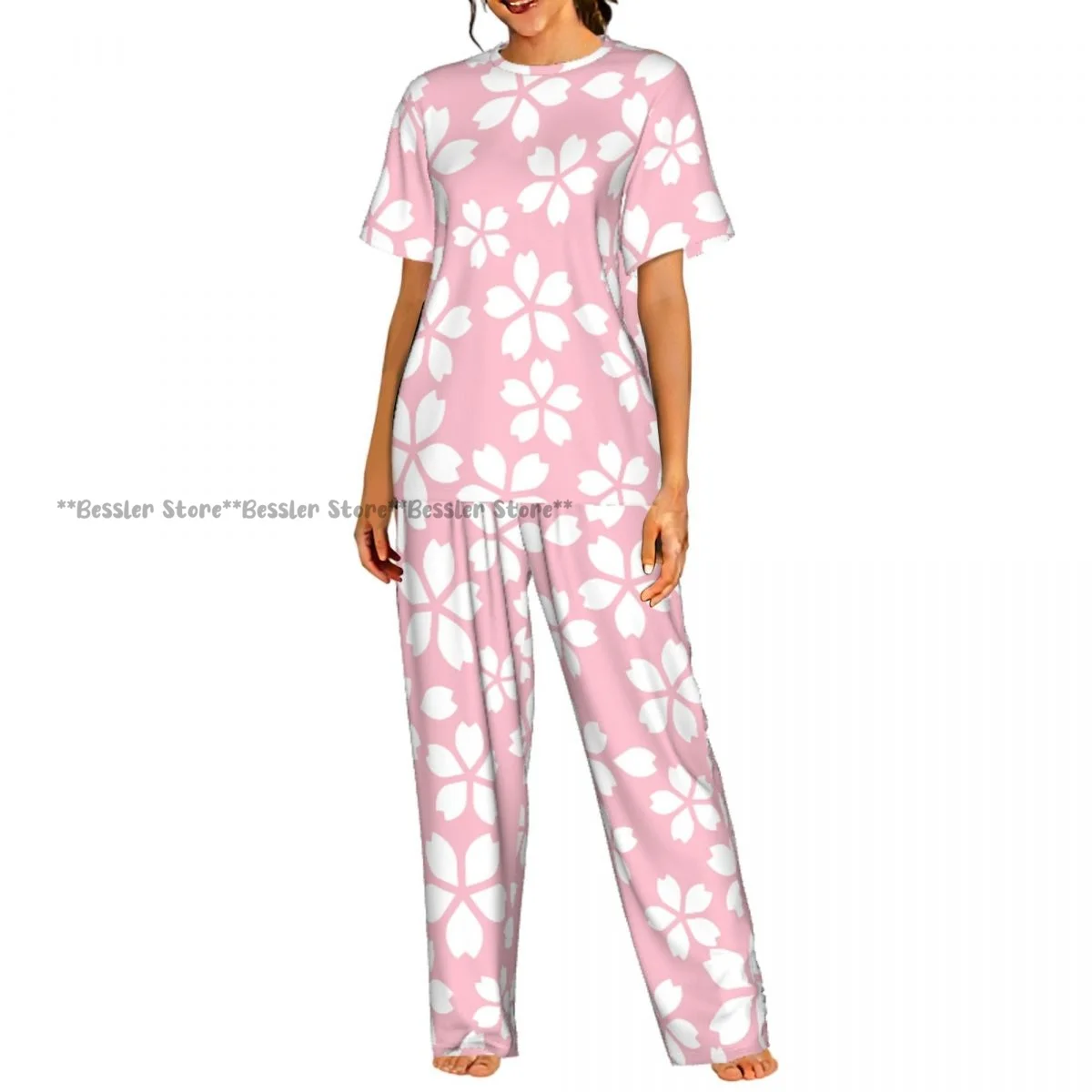 

Women Pajama Sets Lounge Sleepwear Pink Cherry Blossom Short Sleeve Nightwear