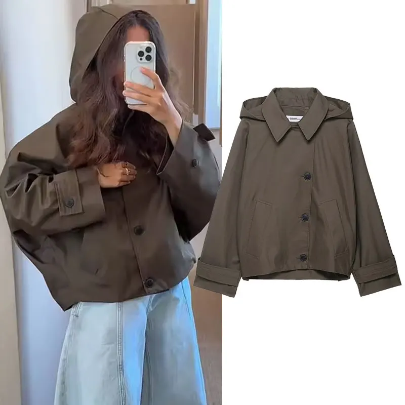 

Casual Women's Hooded Cropped Trench Coat Loose Lapel Single Breasted Full Sleeve Jacket Female 2025 Autumn Lady Street Outwears