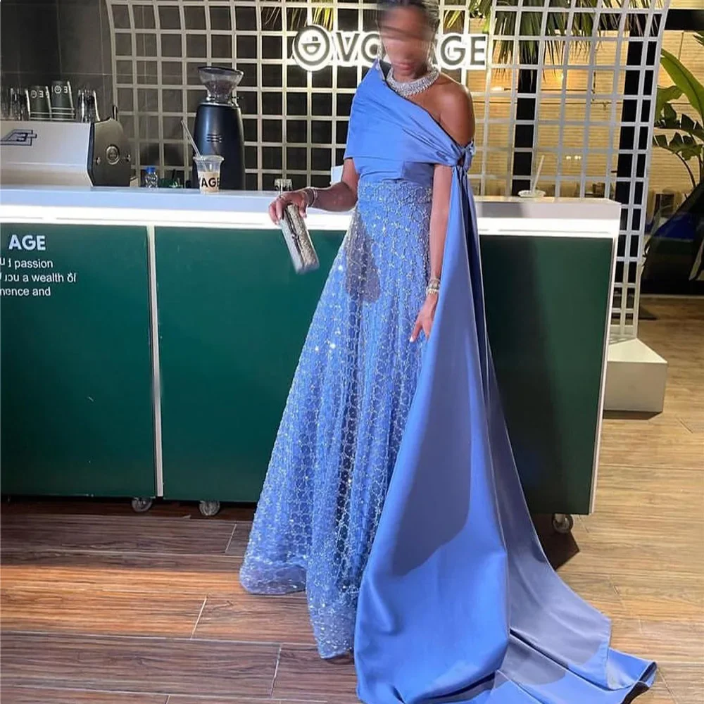 Customized Modern Style Lace Appliques Pleats Prom Gowns Woman Off The Shoulder Floor-Length Court Train Evening Party Dresses