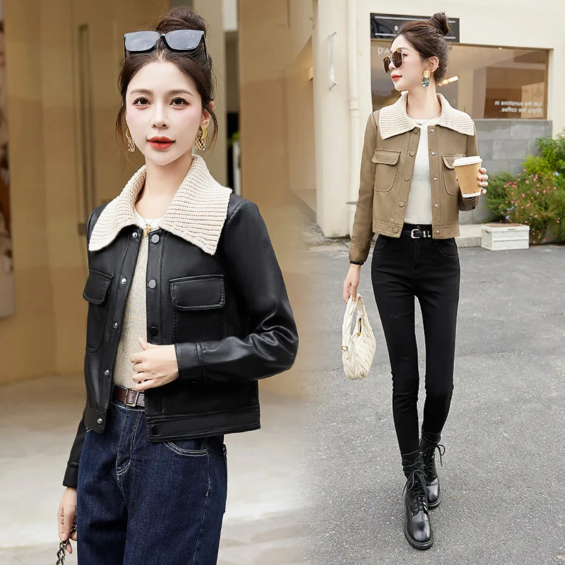 Short leather jacket for women in spring 2024, new fashionable lapel, small stature design, sheep leather jacket top