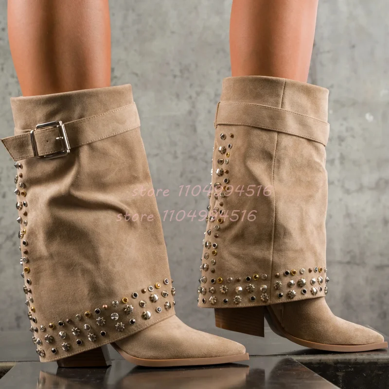 Beige Rivet Pointed Suede Ankl - Vintage And Modern Fashion ulasan dan harga