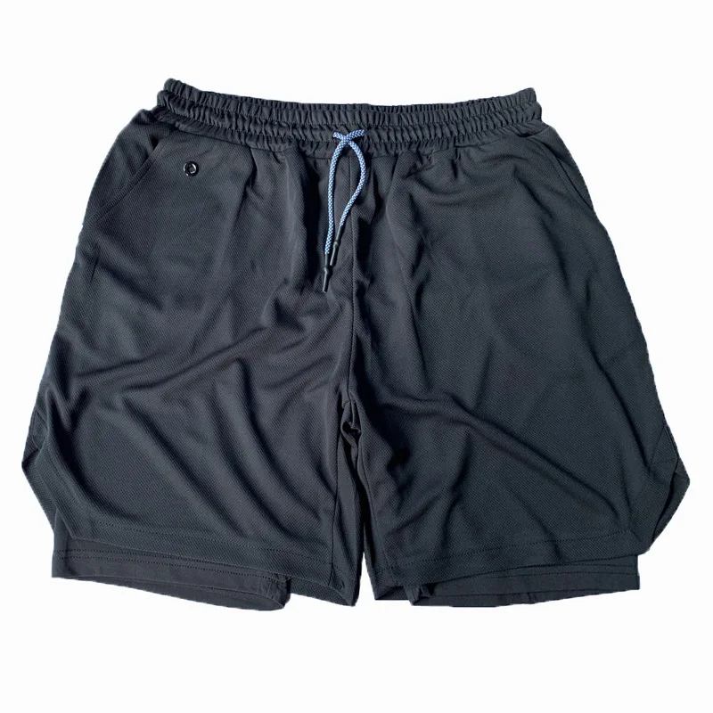 Men Workout Shorts with Legging Lining Slim Bodybuilding Short Pants with Zipper Pockets and Earphone Cable Hole