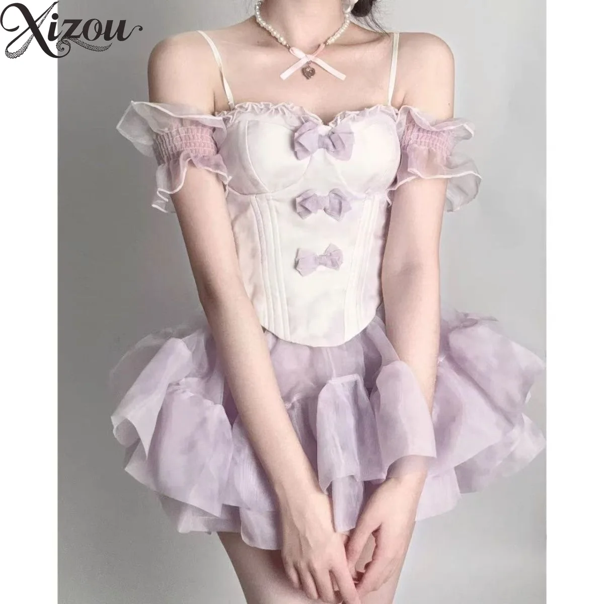 2025 Vrouwen Meisje Zomer Lente Paars Lolita Fee Prinses Set Mouwloze Boog Trailing Bladerdeeg Party Tube Top Pompoen Broek Pak