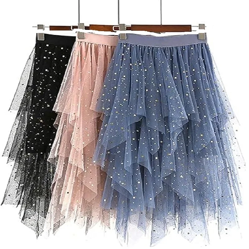 

Women's Tulle Skirt Formal High Low Asymmetrical Midi Length Elastic Waist Tutu Layered Puffy Fairy Skirts Dating Gifts One Size