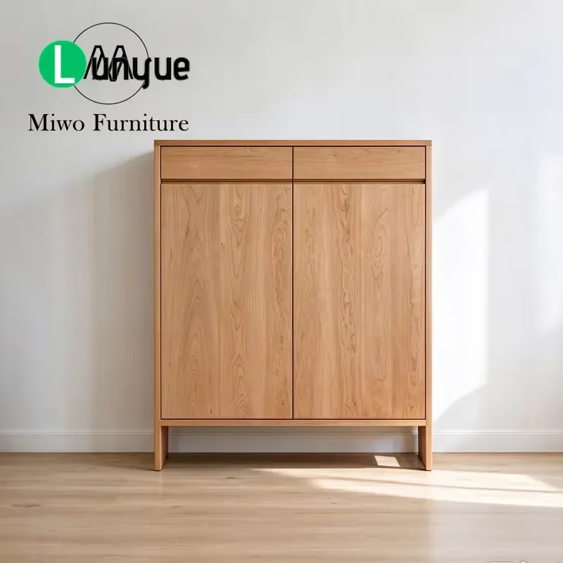 Modern Walnut Solid Wood Shoe Cabinet with 2 Drawers for Home Entrance Corridor Storage Furniture